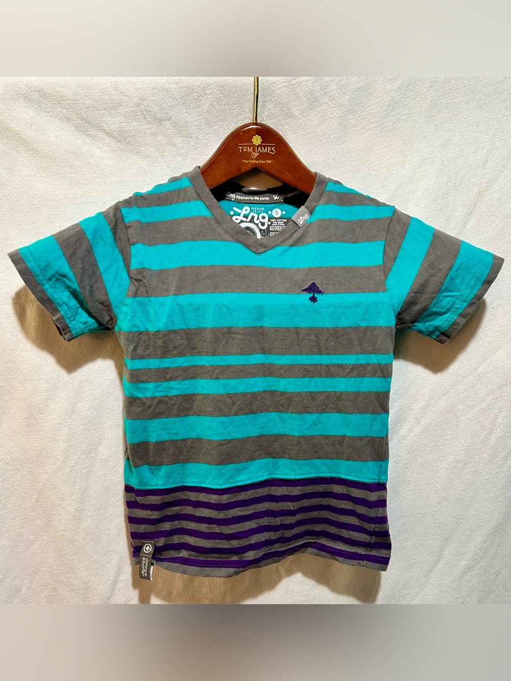 LRG Striped V-Neck Tee Boys Size 5 Teal Purple Gray